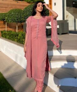 Exclusive Pink Faux Georgette Potli Buttons Work Pant Suit With Dupatta