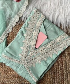 Casual Sea Green Roman Silk Cording Embroidery Work Pant Suit With Dupatta