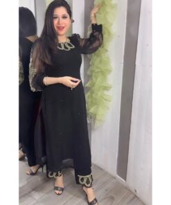 Fully Stitched Black Georgette Embroidery Work Pant Suit With Ruffle Dupatta