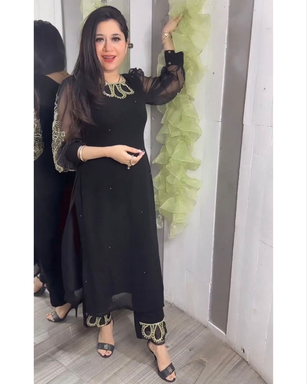 Black Georgette Embroidery Work Pant Suit With Ruffle Dupatta