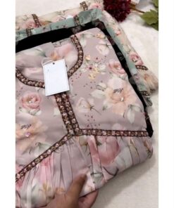 Casual Peach Faux Georgette Digital Print Work Alia Cut Suit With Dupatta