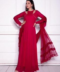 Beautiful Rose Red Faux Georgette Ruffle Work Gown With Drapped Dupatta