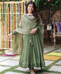 Casual Mehendi Green Heavy Georgette Embroidery Work Anarkali Suit With Dupatta
