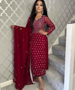 Casual Maroon Heavy Georgette Paper Mirror Work Pant Suit With Dupatta