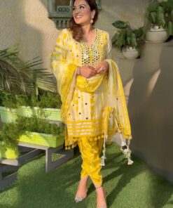 Beautiful Yellow French Crape Paper Mirror Work Dhoti Salwar Suit With Dupatta