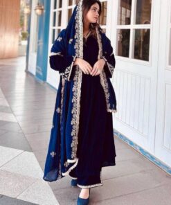 Exclusive Neavy Blue Viscose Velvet Embroidery Work Palazo Suit With Dupatta
