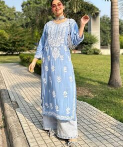 Casual Sky Blue Rayon Cotton Embroidery Work Palazo Suit