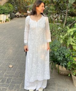 Casual White Maslin Cotton Embroidery Work Palazo Suit