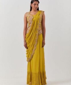 Ready To Wear Mustard Yellow Georgette Embroidery Work Saree With Blouse