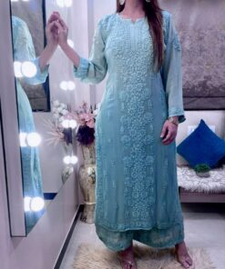 Casual Sea Green Faux Georgette Chikankari Work Palazo Suit