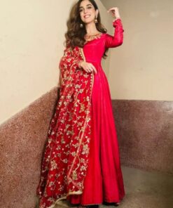 Beautiful Hot Red Taffeta Silk Sequence Work Gown With Dupatta