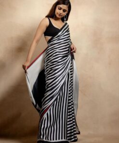 Exclusive Black-White Japan Satin Digital Print Work Saree With Blouse