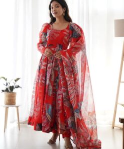 Casual Hot Red Floral Printed Tabby Silk Organza Anarkali Suit With Dupatta