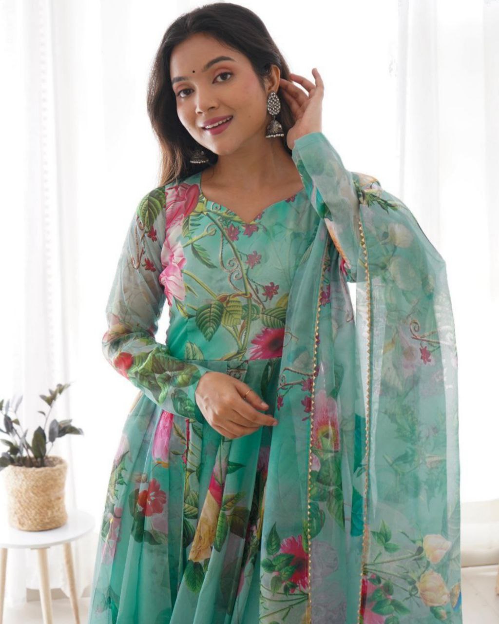 Sea Green Tabby Silk Organza Floral Printed Anarkali Suit