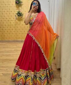 Navratri Special Red Multi Pure Cotton Print Crochet Lehenga Choli With Dupatta