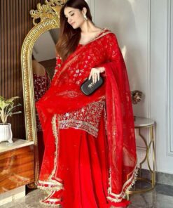 Exclusive Red Premium Georgette Hand Work Lace Sharara Suit With Dupatta
