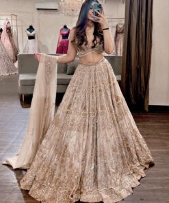 Exclusive Cream Soft Net Embroidery And Thread Work Lehenga Choli With Dupatta