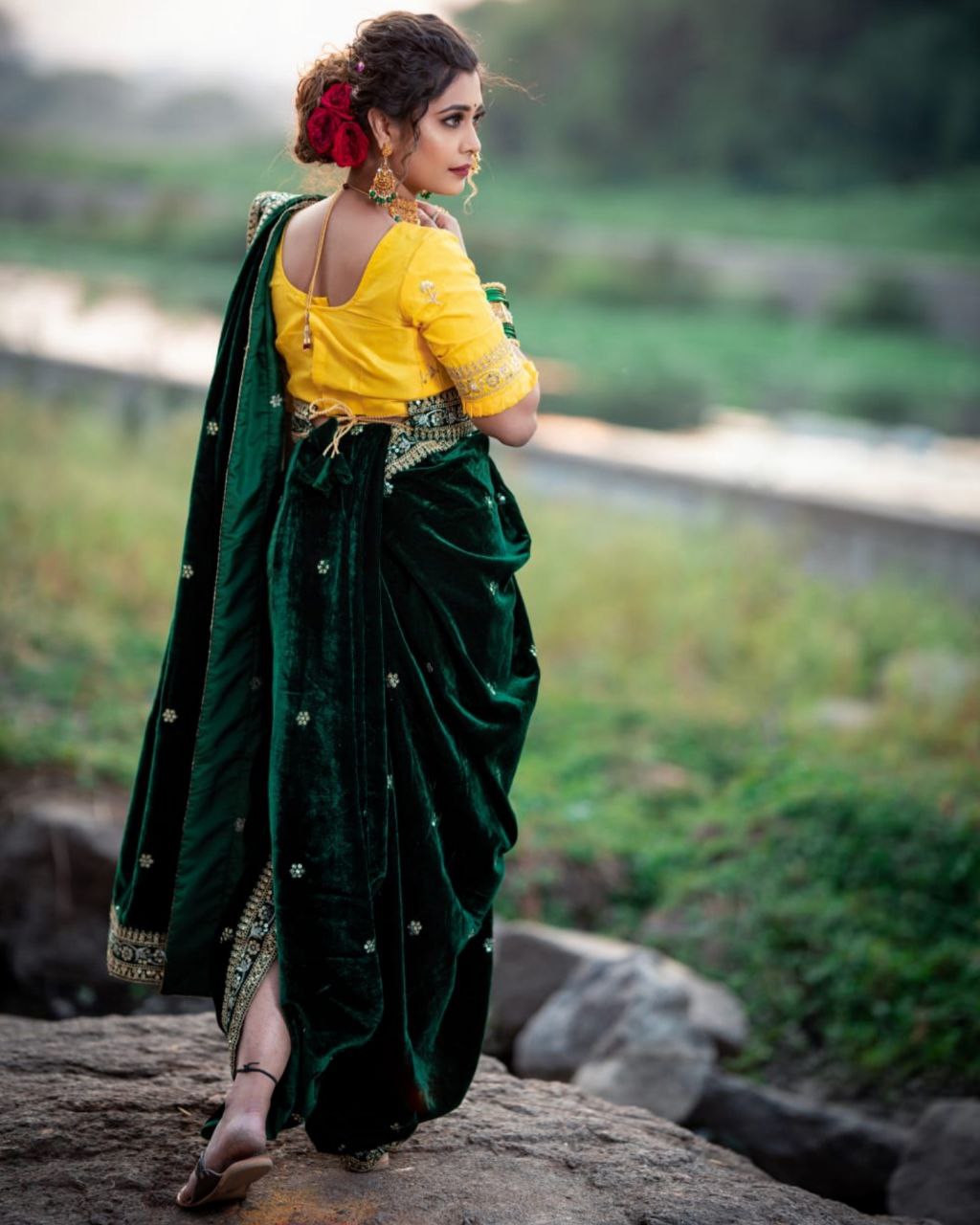 Exclusive Green Velvet Embroidery Work Saree With Yellow Blouse