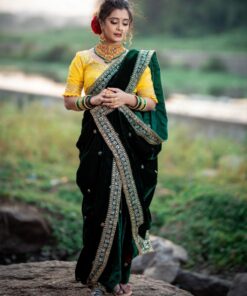 Exclusive Green Velvet Embroidery Work Saree With Yellow Blouse