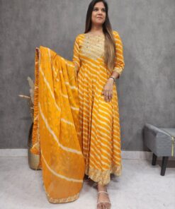 Exclusive Yellow Faux Georgette Printed Anarkali Suit With Dupatta