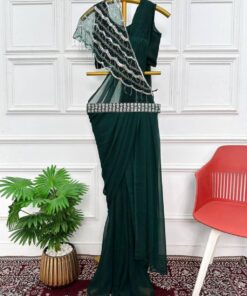 Casual Dark Green Faux Georgette Work Saree With Blouse And Shrug