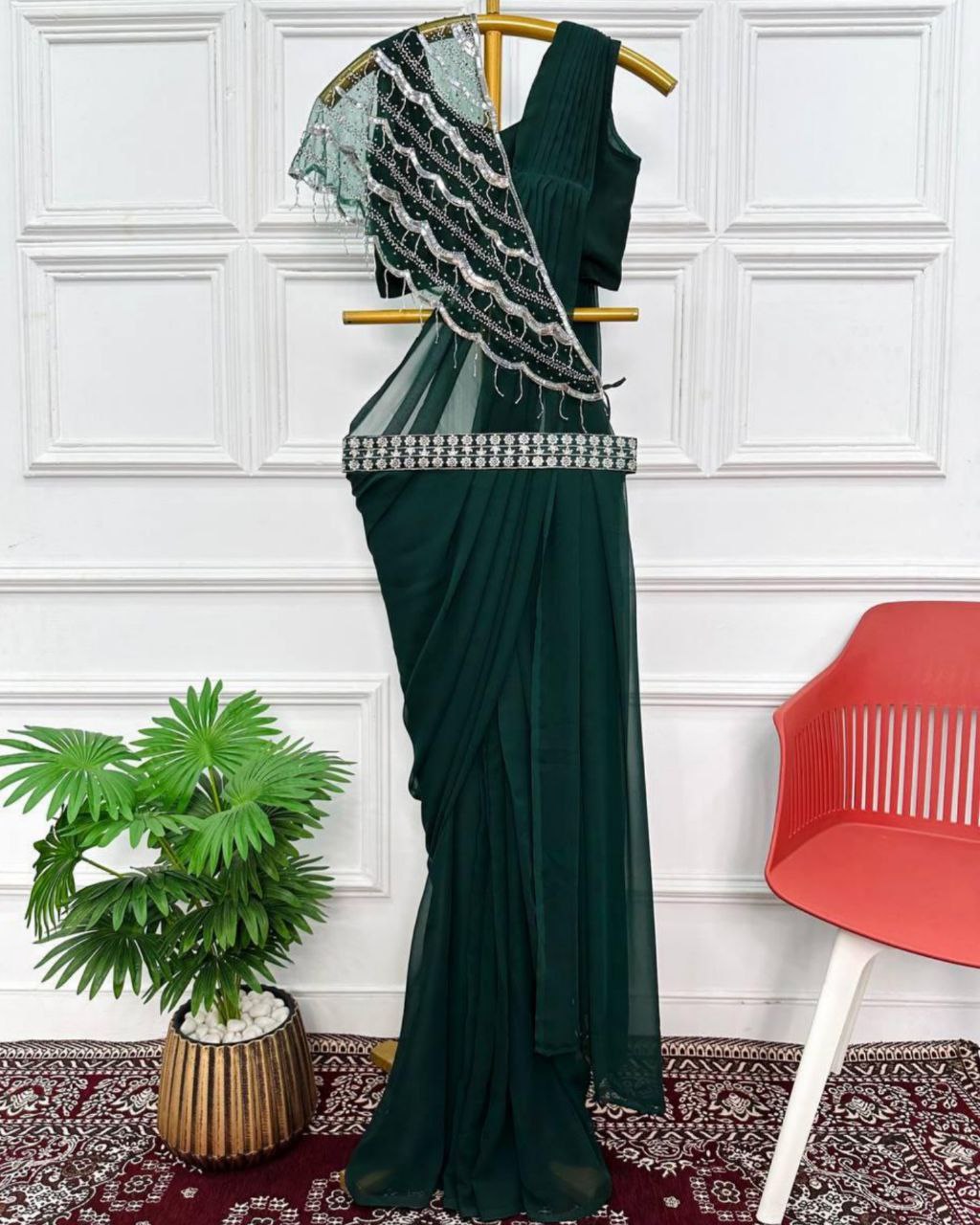 Ready To Wear Dark Green Saree With Shrug – Vastra Shop