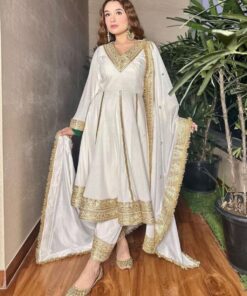 Exclusive Cream Heavy Satin Embroidery Work Pant Suit With Dupatta