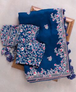 Exclusive Dark Blue Embroidery Work Saree With Blouse