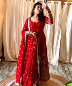 Exclusive Red Faux Georgette Embroidery Work Anarkali Suit With Dupatta