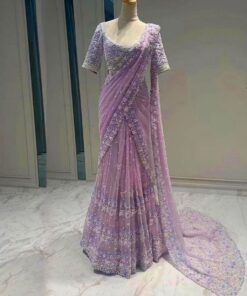 Heavy Wedding Wear Lilac Butterfly Net Thread Work Saree With Blouse