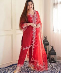 Exclusive Tomato Red Organza Embroidery Work Pant Suit With Dupatta