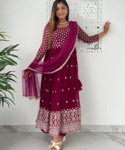 Exclusive Wine Faux Georgette Embroidery Work Nayra Cut Palazo Suit With Dupatta
