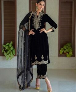 Exclusive Black Velvet Embroidery Work Pakistani Suit With Dupatta