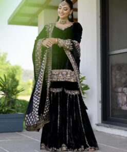 Exclusive Black Velvet Embroidery Work Gharara Suit With Dupatta