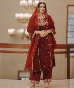 Exclusive Maroon Red Micro Velvet Embroidery Work Pakistani Pant Suit With Dupatta