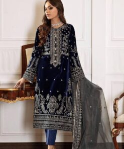 Exclusive Neavy Blue Viscose Velvet Thread Work Pakistani Suit With Dupatta