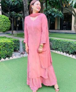 Casual Blush Pink Faux Georgette Embroider Work Palazo Suit With Dupatta
