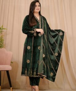 Exclusive Dark Green Micro Velvet Embroidery Work Pakistani Pant Suit With Dupatta