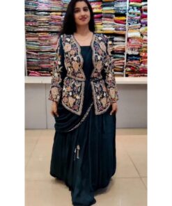 Party Wear Dark Green Premium Silk Embroidery Work Gown With Drapped Dupatta And Koti