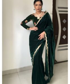 Beautiful Dark Green Velvet Lace Work Saree With Blouse