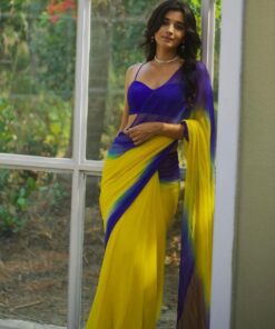 Casual Yellow-Blue Pure Georgette Shade Printed Saree With Blouse