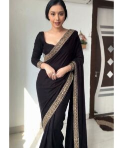 Beautiful Black Micro Velvet Lace Work Saree With Blouse