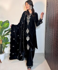 Casual Black Micro Velvet Embroidery Work Pakistani Suit With Dupatta