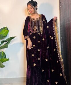 Casual Wine Purple Micro Velvet Embroidery Work Pakistani Suit With Dupatta