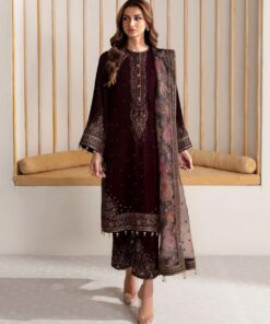 Casual Grape Micro Velvet Embroidery Work Pakistani Pant Suit With Dupatta