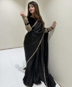 Casual Black Silk Cording Lace Work Saree With Blouse