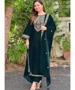 Casual Dark Green Micro Velvet Embroidery Work Pakistani Suit With Dupatta