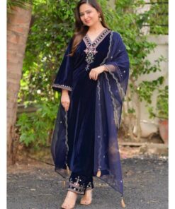Casual Dark Blue Micro Velvet Embroidery Work Palazo Suit With Dupatta