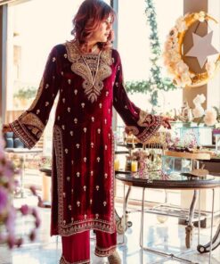 Casual Maroon-Red Micro Velvet Embroidery Work Pakistani Pant Suit