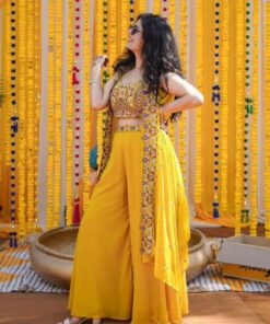 Exclusive Yellow Georgette Embroidery Work Crop Top With Shrug